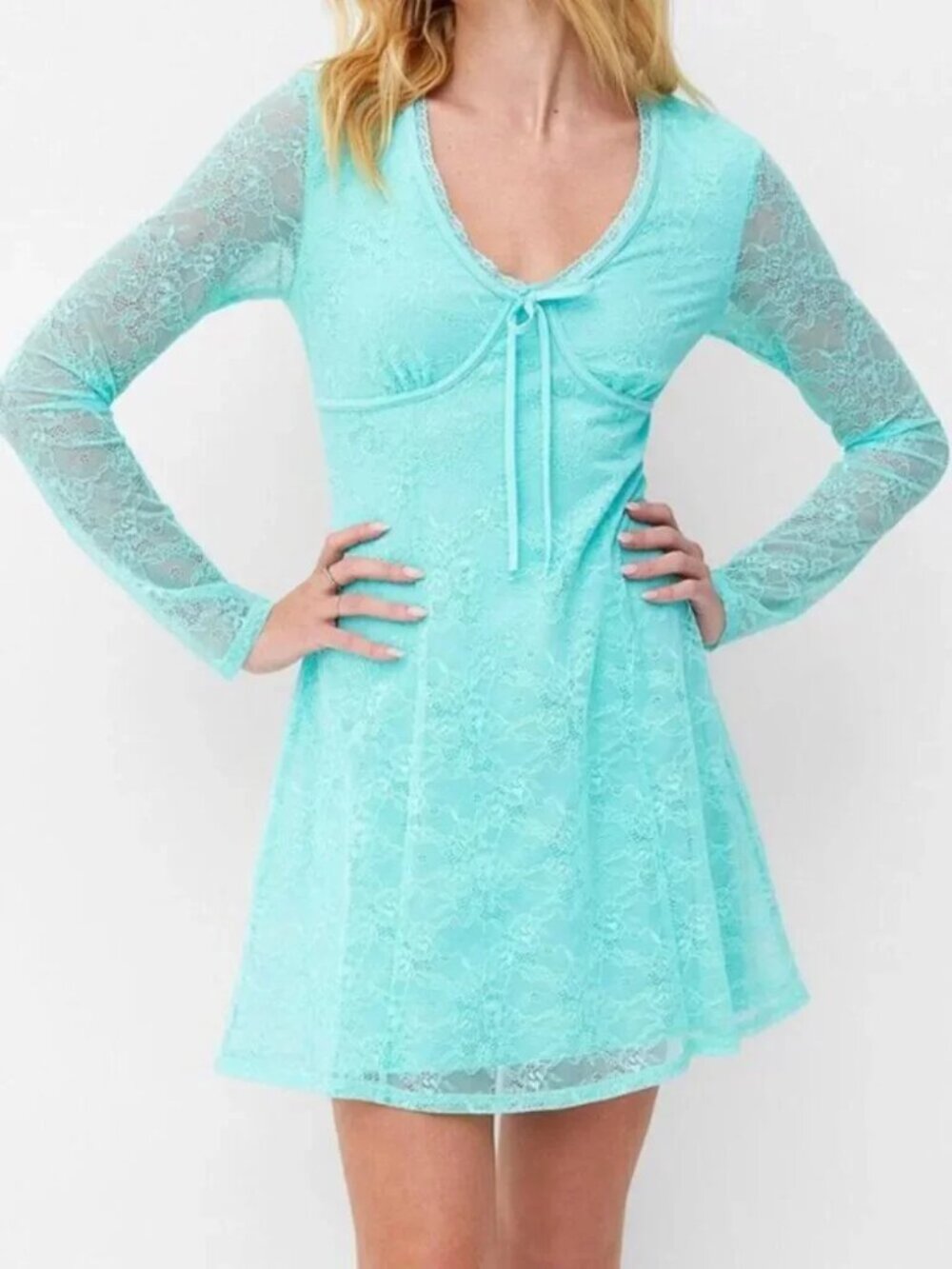 NWT Bow-detail V-neck stretch lace skater minidress teal - Picture 3 of 4